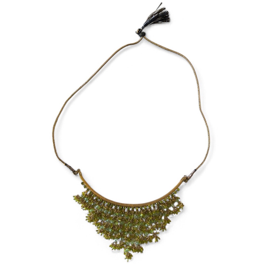 Green Beaded Bib Necklace Gold Tone Statement Necklace Boho Fringe Tassel - Picture 3 of 10